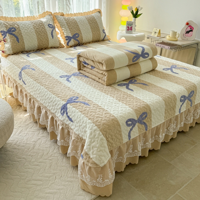 91家纺网 家纺一手货源 找家纺 2025新款牛奶绒床盖四件套床上绒四件套 蝴蝶结