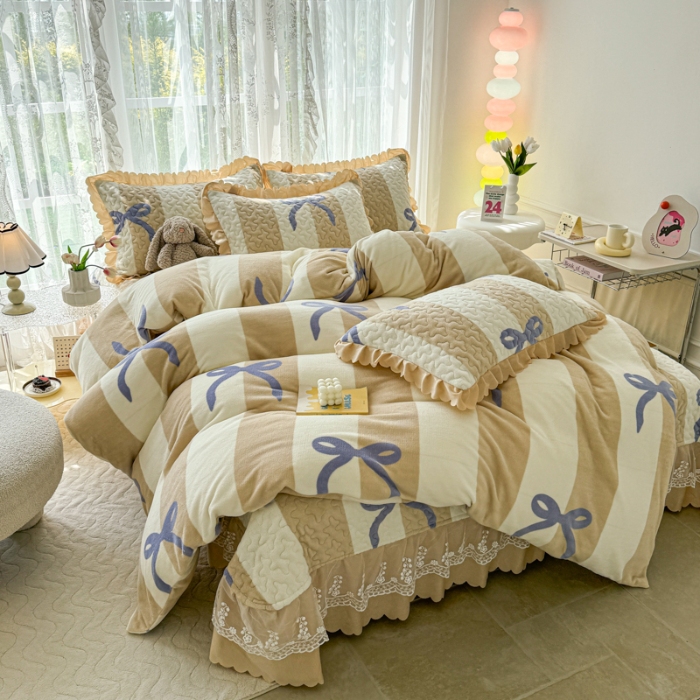 91家纺网 家纺一手货源 找家纺 2025新款牛奶绒床盖四件套床上绒四件套 蝴蝶结