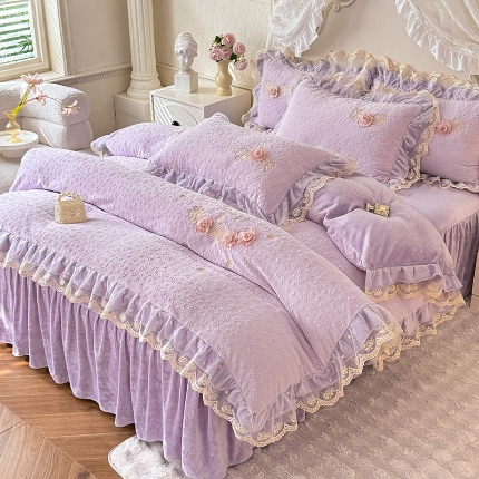 2025苏米娜360g全消光牛奶绒工艺款蕾丝盘花立体雕花绒牛奶绒四件套刺绣绣花套件 温婉-梦幻紫