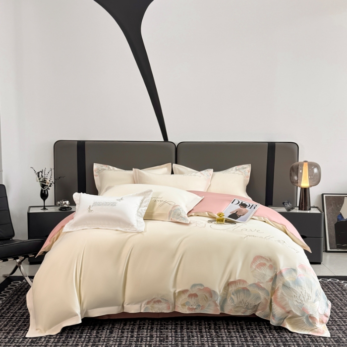 91家纺网 家纺一手货源 找家纺 （总）2025新款刺绣亲肤棉简约四件套- 梦里花开系列