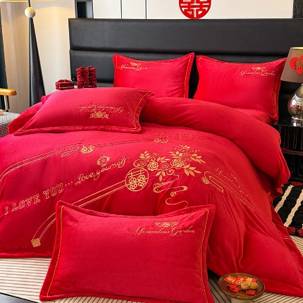 2025秋冬新款高克重9斤全消光牛奶绒大红结婚婚庆四件套大红色龙凤刺绣婴儿绒绒四件套（含精美手提袋） 倾城