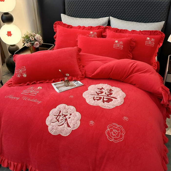 91家纺网 家纺一手货源 找家纺 2025秋冬新款高克重9斤全消光牛奶绒大红结婚婚庆四件套大红色龙凤刺绣婴儿绒绒四件套（含精美手提袋） 喜嫁 