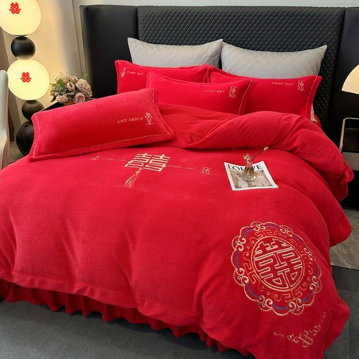 91家纺网 家纺一手货源 找家纺 2025秋冬新款高克重9斤全消光牛奶绒大红结婚婚庆四件套大红色龙凤刺绣婴儿绒绒四件套（含精美手提袋） 喜结连理