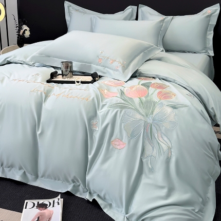 91家纺网 家纺一手货源 找家纺 （总）2025新款刺绣亲肤棉简约高端四件套 郁金花束