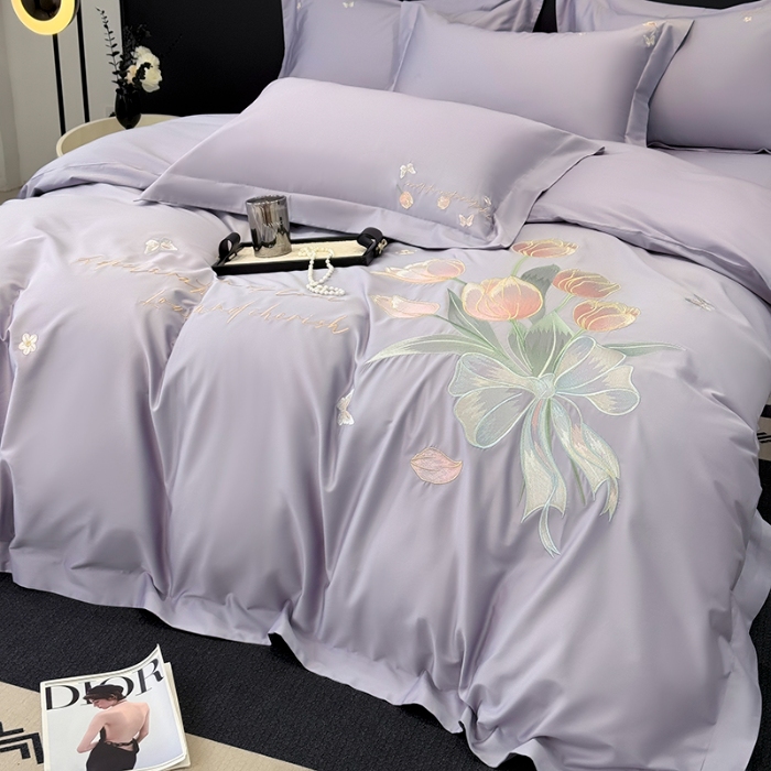 91家纺网 家纺一手货源 找家纺 （总）2025新款刺绣亲肤棉简约高端四件套 郁金花束