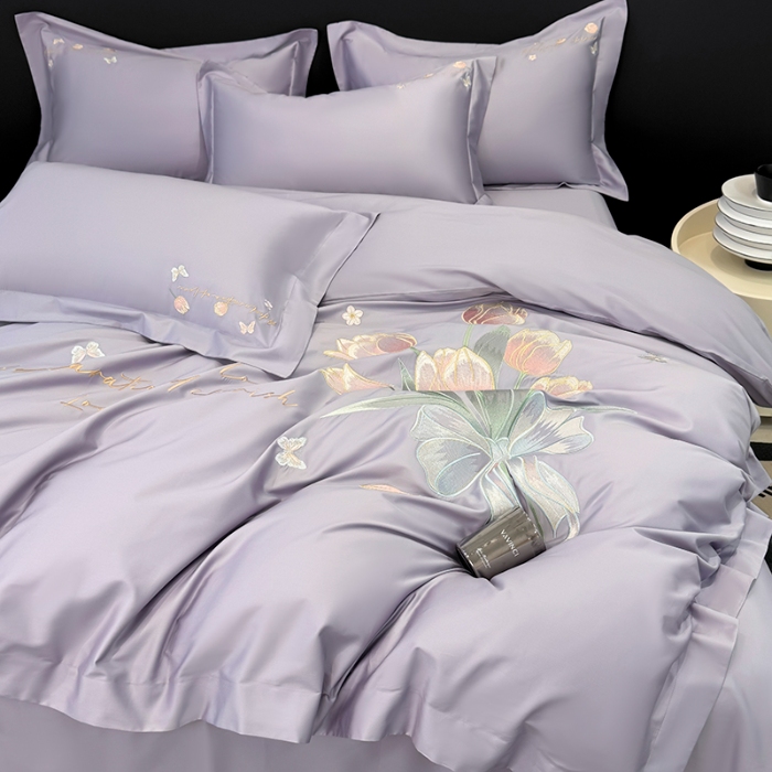 91家纺网 家纺一手货源 找家纺 （总）2025新款刺绣亲肤棉简约高端四件套 郁金花束