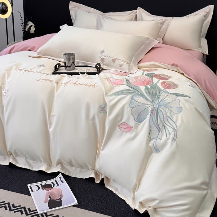 91家纺网 家纺一手货源 找家纺 （总）2025新款刺绣亲肤棉简约高端四件套 郁金花束