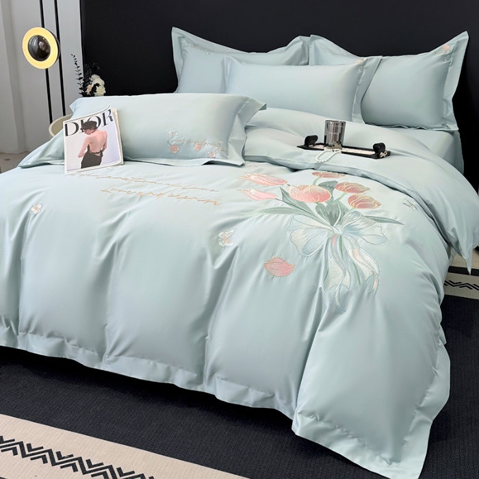 91家纺网 家纺一手货源 找家纺 （总）2025新款刺绣亲肤棉简约高端四件套 郁金花束