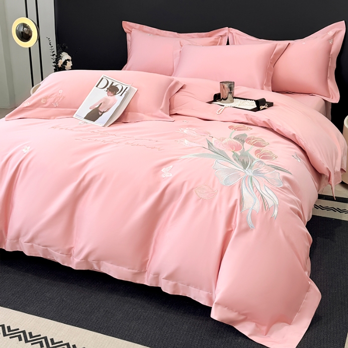 91家纺网 家纺一手货源 找家纺 （总）2025新款刺绣亲肤棉简约高端四件套 郁金花束