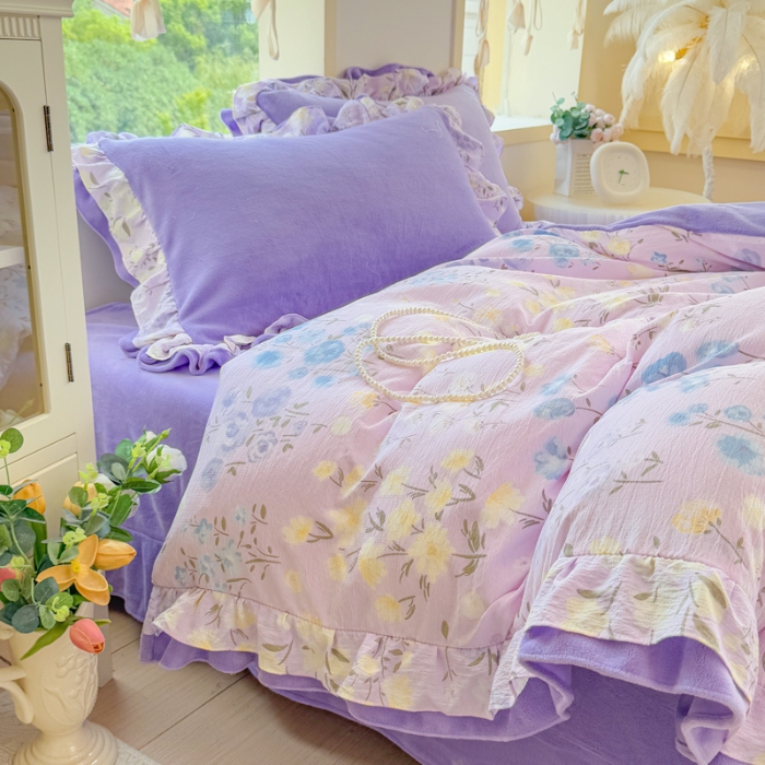 91家纺网 家纺一手货源 找家纺 （总）2025韩版双花边多功能AB面牛奶绒四件套甜美仙女法式花边韩式小碎花印花牛奶绒四件套加绒保暖单被套罩