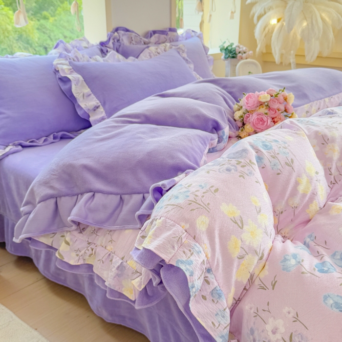 91家纺网 家纺一手货源 找家纺 （总）2025韩版双花边多功能AB面牛奶绒四件套甜美仙女法式花边韩式小碎花印花牛奶绒四件套加绒保暖单被套罩