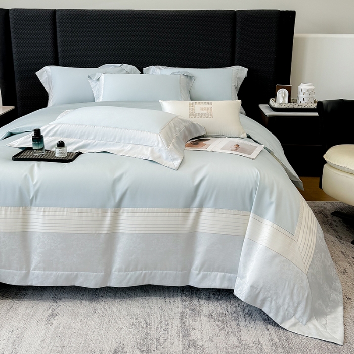 91家纺网 家纺一手货源 找家纺 高档礼盒装彩金色织提花+50*50S贡缎长绒棉纯棉加厚磨毛四件套100%全棉 祖玛蓝-玛奇朵-彩金色织提花纯棉磨毛