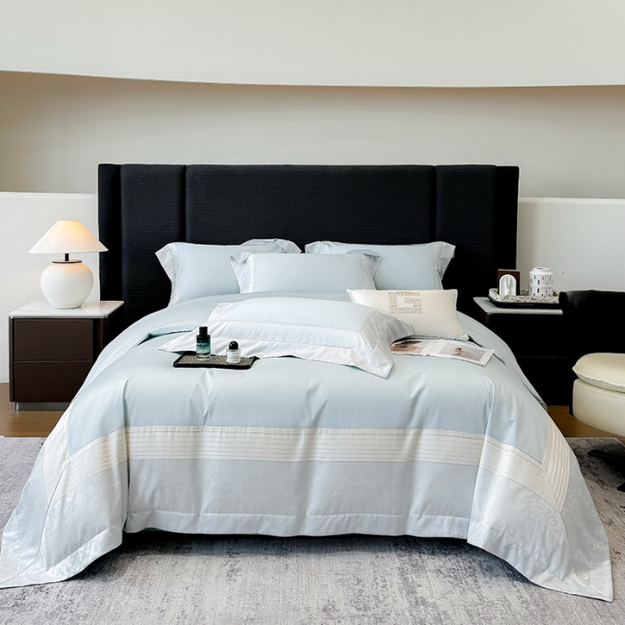 91家纺网 家纺一手货源 找家纺 高档礼盒装彩金色织提花+50*50S贡缎长绒棉纯棉加厚磨毛四件套100%全棉 祖玛蓝-玛奇朵-彩金色织提花纯棉磨毛