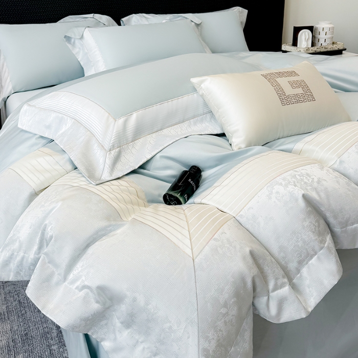 91家纺网 家纺一手货源 找家纺 高档礼盒装彩金色织提花+50*50S贡缎长绒棉纯棉加厚磨毛四件套100%全棉 祖玛蓝-玛奇朵-彩金色织提花纯棉磨毛