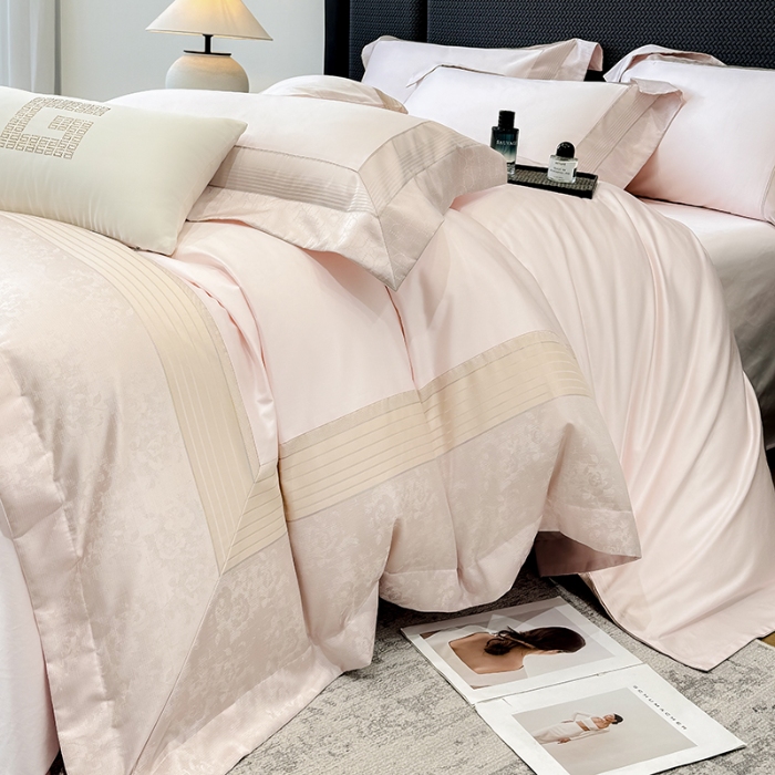 91家纺网 家纺一手货源 找家纺 高档礼盒装彩金色织提花+50*50S贡缎长绒棉纯棉加厚磨毛四件套100%全棉 桃花粉-玛奇朵-彩金色织提花纯棉磨毛