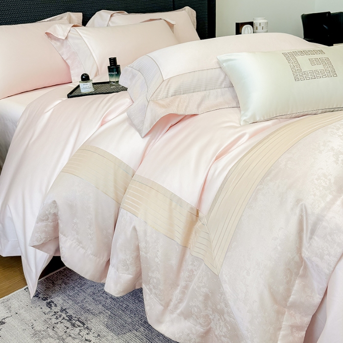 91家纺网 家纺一手货源 找家纺 高档礼盒装彩金色织提花+50*50S贡缎长绒棉纯棉加厚磨毛四件套100%全棉 桃花粉-玛奇朵-彩金色织提花纯棉磨毛