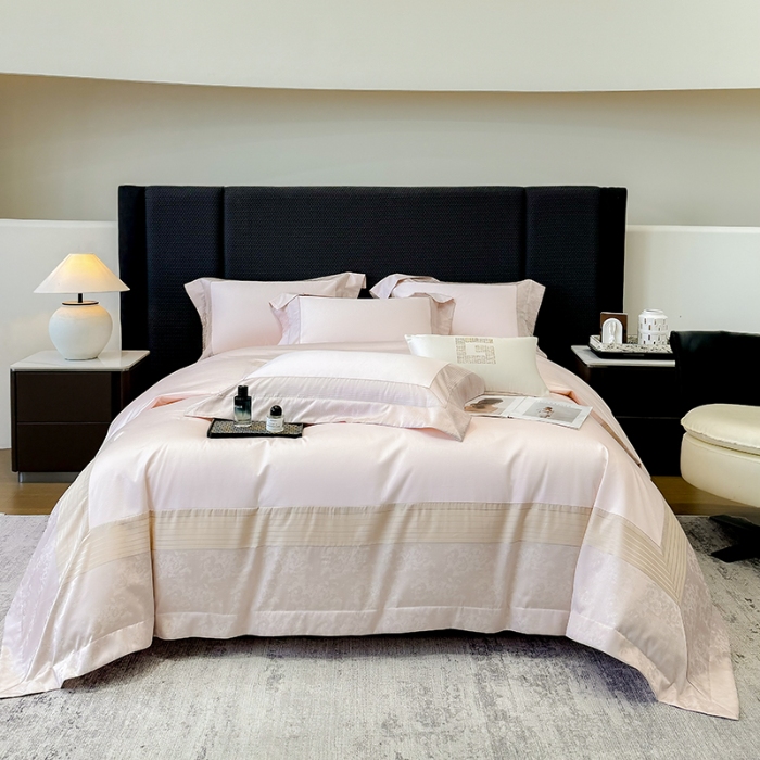 91家纺网 家纺一手货源 找家纺 高档礼盒装彩金色织提花+50*50S贡缎长绒棉纯棉加厚磨毛四件套100%全棉 桃花粉-玛奇朵-彩金色织提花纯棉磨毛