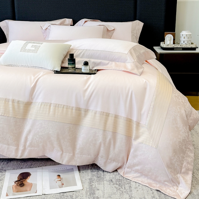 91家纺网 家纺一手货源 找家纺 高档礼盒装彩金色织提花+50*50S贡缎长绒棉纯棉加厚磨毛四件套100%全棉 桃花粉-玛奇朵-彩金色织提花纯棉磨毛