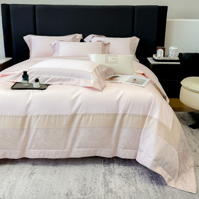 91家纺网 家纺一手货源 找家纺 高档礼盒装彩金色织提花+50*50S贡缎长绒棉纯棉加厚磨毛四件套100%全棉 桃花粉-玛奇朵-彩金色织提花纯棉磨毛