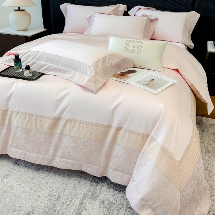 91家纺网 家纺一手货源 找家纺 高档礼盒装彩金色织提花+50*50S贡缎长绒棉纯棉加厚磨毛四件套100%全棉 桃花粉-玛奇朵-彩金色织提花纯棉磨毛