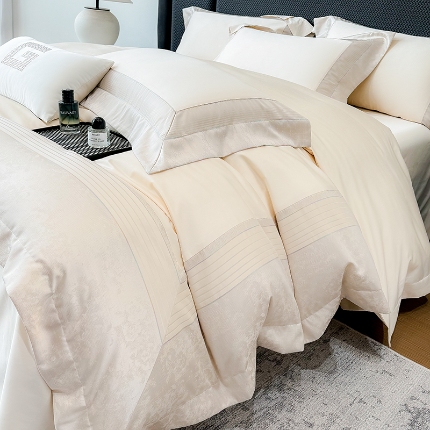 高档礼盒装彩金色织提花+50*50S贡缎长绒棉纯棉加厚磨毛四件套100%全棉 香槟金-玛奇朵-彩金色织提花纯棉磨毛