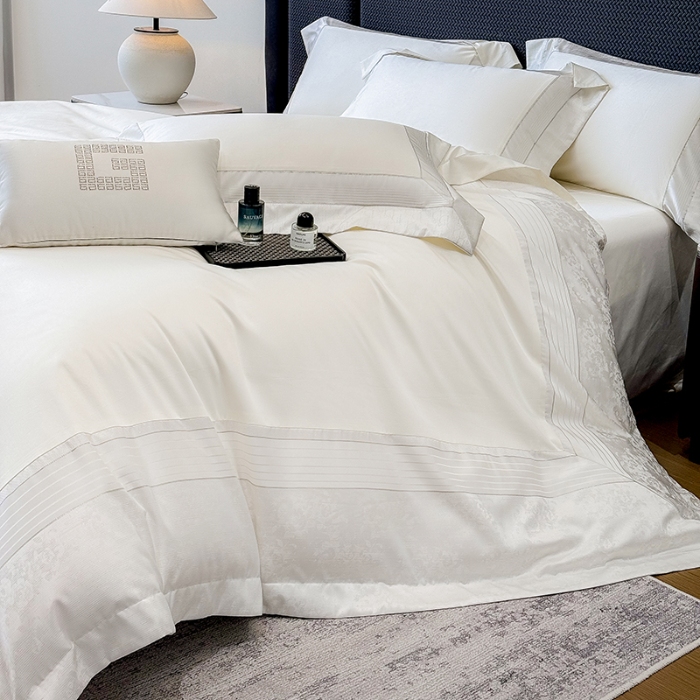 91家纺网 家纺一手货源 找家纺 高档礼盒装彩金色织提花+50*50S贡缎长绒棉纯棉加厚磨毛四件套100%全棉 高级白-玛奇朵-彩金色织提花纯棉磨毛