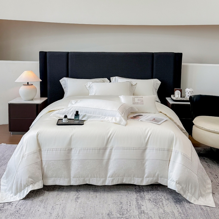 91家纺网 家纺一手货源 找家纺 高档礼盒装彩金色织提花+50*50S贡缎长绒棉纯棉加厚磨毛四件套100%全棉 高级白-玛奇朵-彩金色织提花纯棉磨毛