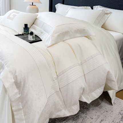 高档礼盒装彩金色织提花+50*50S贡缎长绒棉纯棉加厚磨毛四件套100%全棉 高级白-玛奇朵-彩金色织提花纯棉磨毛