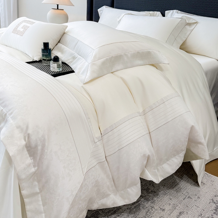 91家纺网 家纺一手货源 找家纺 高档礼盒装彩金色织提花+50*50S贡缎长绒棉纯棉加厚磨毛四件套100%全棉 高级白-玛奇朵-彩金色织提花纯棉磨毛