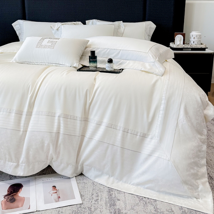 91家纺网 家纺一手货源 找家纺 高档礼盒装彩金色织提花+50*50S贡缎长绒棉纯棉加厚磨毛四件套100%全棉 高级白-玛奇朵-彩金色织提花纯棉磨毛