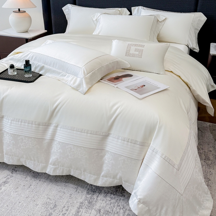 91家纺网 家纺一手货源 找家纺 高档礼盒装彩金色织提花+50*50S贡缎长绒棉纯棉加厚磨毛四件套100%全棉 高级白-玛奇朵-彩金色织提花纯棉磨毛