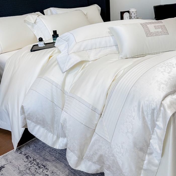 91家纺网 家纺一手货源 找家纺 高档礼盒装彩金色织提花+50*50S贡缎长绒棉纯棉加厚磨毛四件套100%全棉 高级白-玛奇朵-彩金色织提花纯棉磨毛