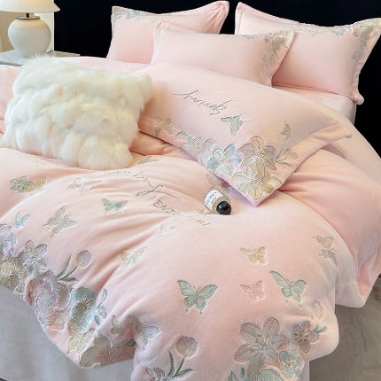 高档手提包9斤重超厚绵密慕斯有肌氧绒刺绣四件套秋冬加厚保暖牛奶绒宝宝绒床上用品 桃花粉-绒蝶屿-A类绵密慕斯有肌氧绒