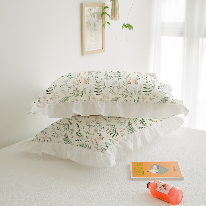 91家纺网 家纺一手货源 找家纺 （总）跨境专供 出口美式磨毛印花枕套一对50*75简约工艺款荷叶边枕头套