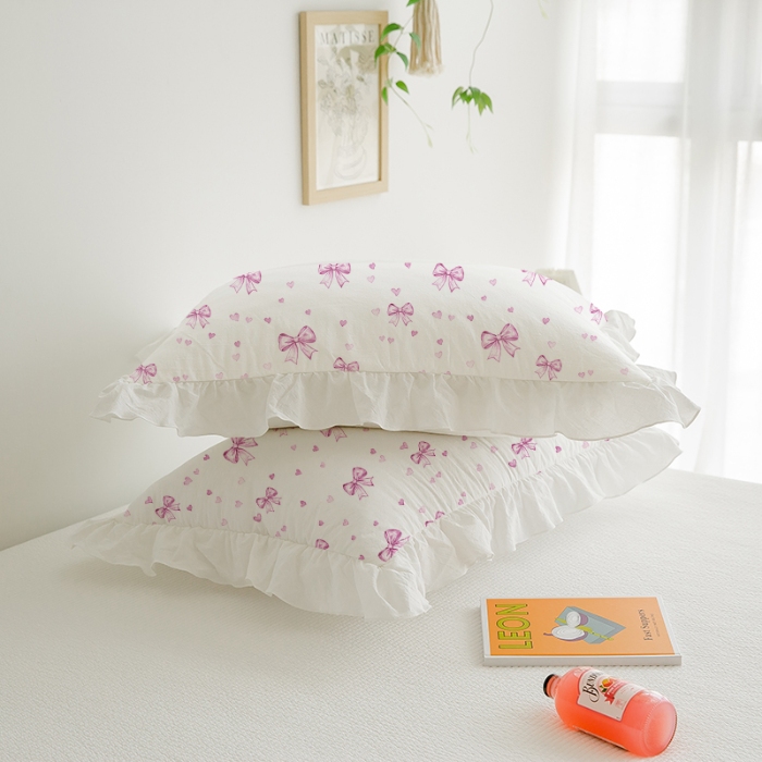 91家纺网 家纺一手货源 找家纺 （总）跨境专供 出口美式磨毛印花枕套一对50*75简约工艺款荷叶边枕头套