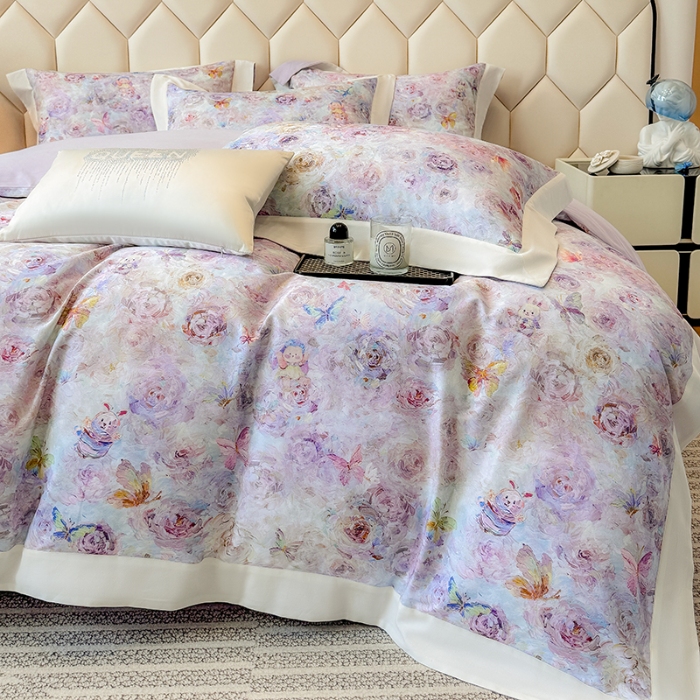 91家纺网 家纺一手货源 找家纺 高档礼盒装50*50S贡缎长绒棉数码印花四件套100%纯棉磨毛加厚全棉床单床笠款量大价优 糖果紫-莫奈花园-A类100%加厚纯棉磨毛