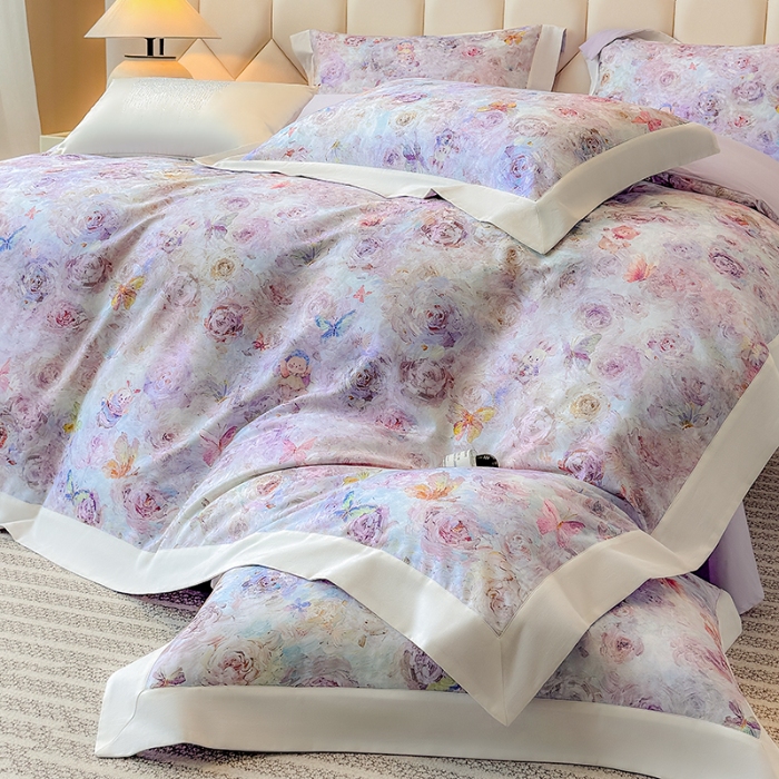 91家纺网 家纺一手货源 找家纺 高档礼盒装50*50S贡缎长绒棉数码印花四件套100%纯棉磨毛加厚全棉床单床笠款量大价优 糖果紫-莫奈花园-A类100%加厚纯棉磨毛