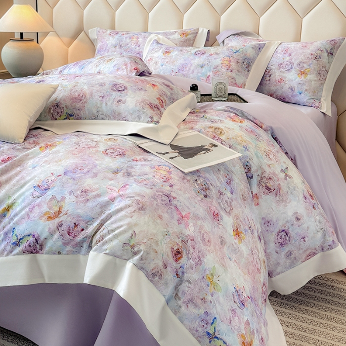 91家纺网 家纺一手货源 找家纺 高档礼盒装50*50S贡缎长绒棉数码印花四件套100%纯棉磨毛加厚全棉床单床笠款量大价优 糖果紫-莫奈花园-A类100%加厚纯棉磨毛