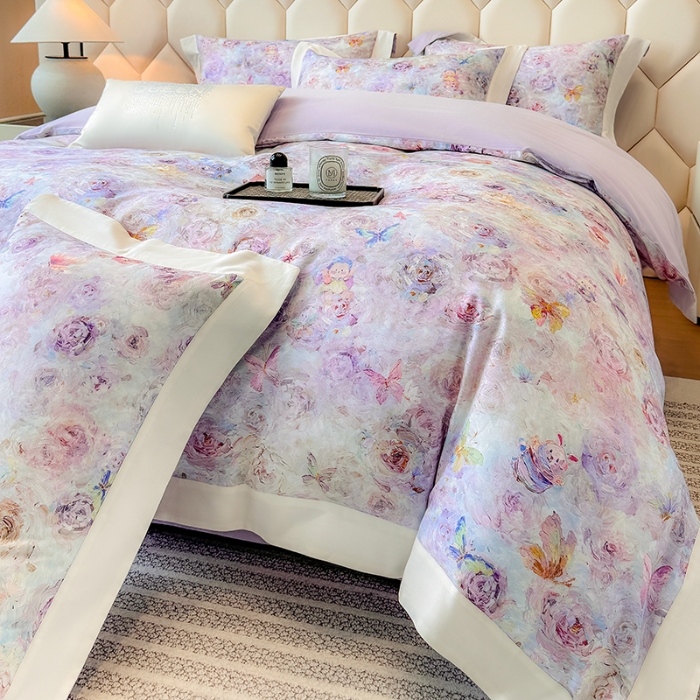 91家纺网 家纺一手货源 找家纺 高档礼盒装50*50S贡缎长绒棉数码印花四件套100%纯棉磨毛加厚全棉床单床笠款量大价优 糖果紫-莫奈花园-A类100%加厚纯棉磨毛