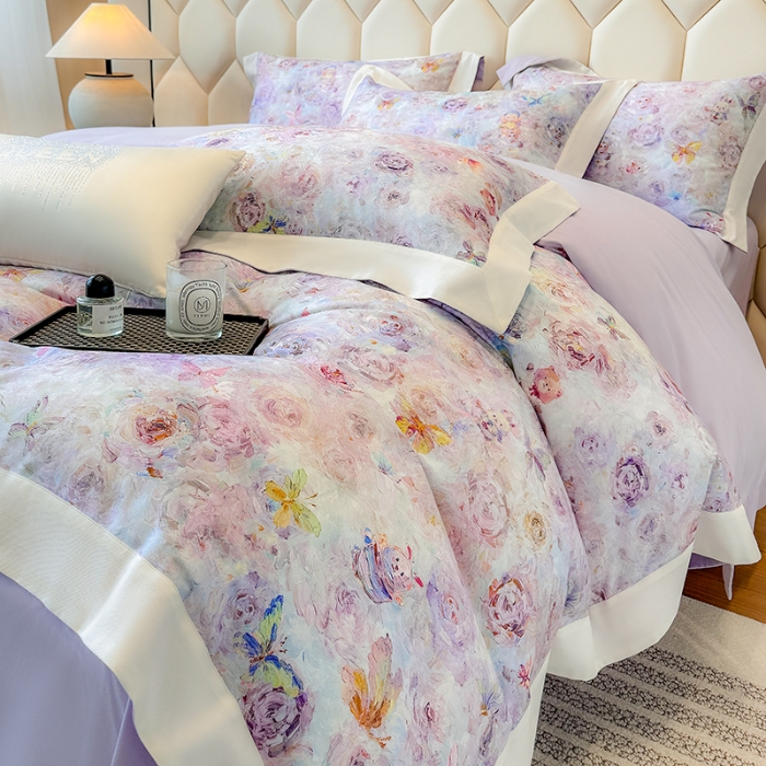 91家纺网 家纺一手货源 找家纺 高档礼盒装50*50S贡缎长绒棉数码印花四件套100%纯棉磨毛加厚全棉床单床笠款量大价优 糖果紫-莫奈花园-A类100%加厚纯棉磨毛