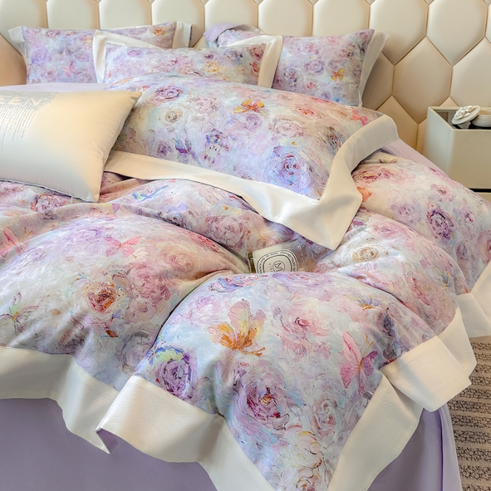 91家纺网 家纺一手货源 找家纺 高档礼盒装50*50S贡缎长绒棉数码印花四件套100%纯棉磨毛加厚全棉床单床笠款量大价优 糖果紫-莫奈花园-A类100%加厚纯棉磨毛