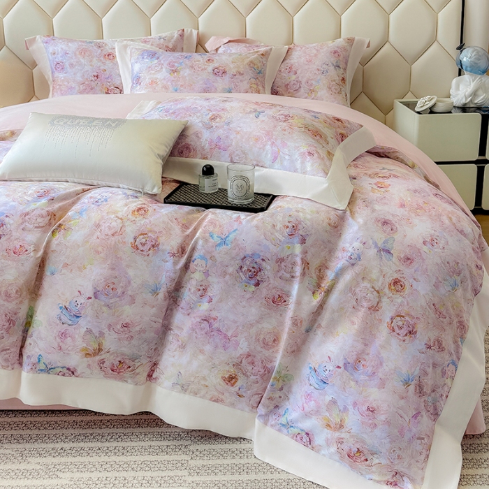 91家纺网 家纺一手货源 找家纺 高档礼盒装50*50S贡缎长绒棉数码印花四件套100%纯棉磨毛加厚全棉床单床笠款量大价优 心动粉-莫奈花园-A类100%加厚纯棉磨