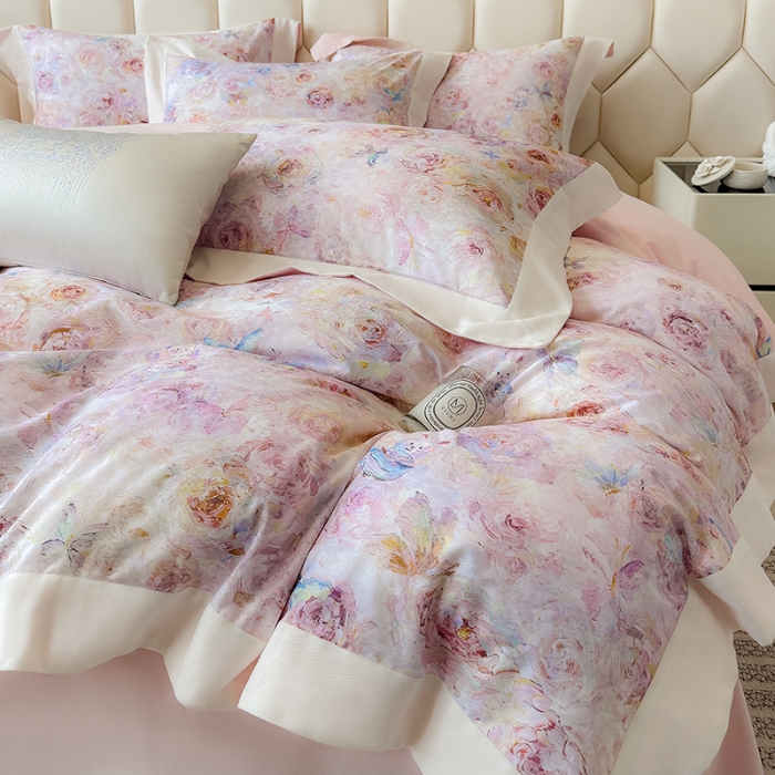 91家纺网 家纺一手货源 找家纺 高档礼盒装50*50S贡缎长绒棉数码印花四件套100%纯棉磨毛加厚全棉床单床笠款量大价优 心动粉-莫奈花园-A类100%加厚纯棉磨