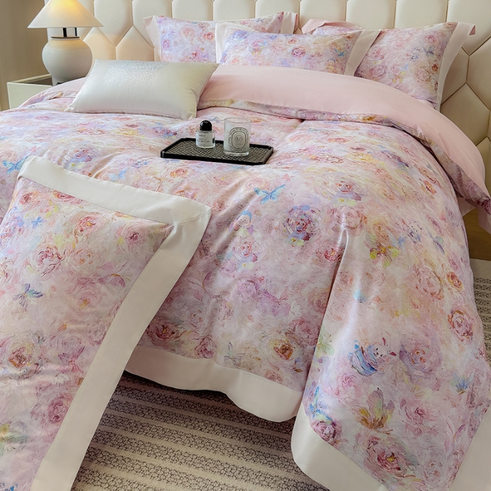 91家纺网 家纺一手货源 找家纺 高档礼盒装50*50S贡缎长绒棉数码印花四件套100%纯棉磨毛加厚全棉床单床笠款量大价优 心动粉-莫奈花园-A类100%加厚纯棉磨