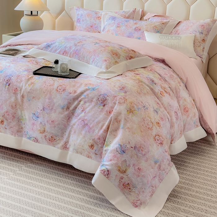 91家纺网 家纺一手货源 找家纺 高档礼盒装50*50S贡缎长绒棉数码印花四件套100%纯棉磨毛加厚全棉床单床笠款量大价优 心动粉-莫奈花园-A类100%加厚纯棉磨