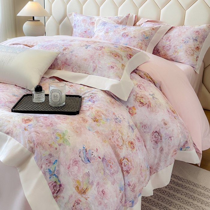 91家纺网 家纺一手货源 找家纺 高档礼盒装50*50S贡缎长绒棉数码印花四件套100%纯棉磨毛加厚全棉床单床笠款量大价优 心动粉-莫奈花园-A类100%加厚纯棉磨