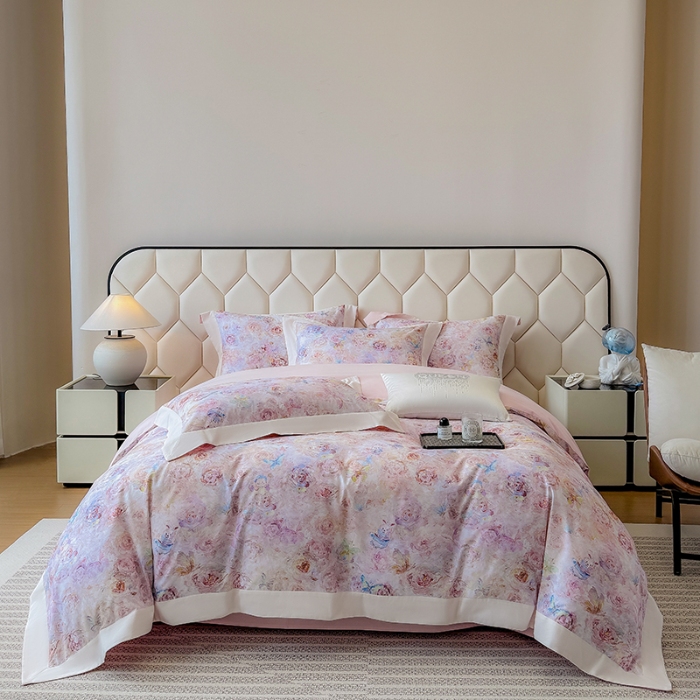 91家纺网 家纺一手货源 找家纺 高档礼盒装50*50S贡缎长绒棉数码印花四件套100%纯棉磨毛加厚全棉床单床笠款量大价优 心动粉-莫奈花园-A类100%加厚纯棉磨