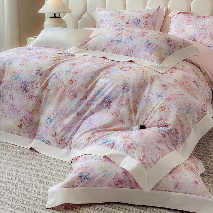 91家纺网 家纺一手货源 找家纺 高档礼盒装50*50S贡缎长绒棉数码印花四件套100%纯棉磨毛加厚全棉床单床笠款量大价优 心动粉-莫奈花园-A类100%加厚纯棉磨