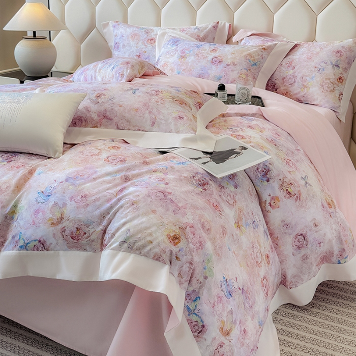 91家纺网 家纺一手货源 找家纺 高档礼盒装50*50S贡缎长绒棉数码印花四件套100%纯棉磨毛加厚全棉床单床笠款量大价优 心动粉-莫奈花园-A类100%加厚纯棉磨