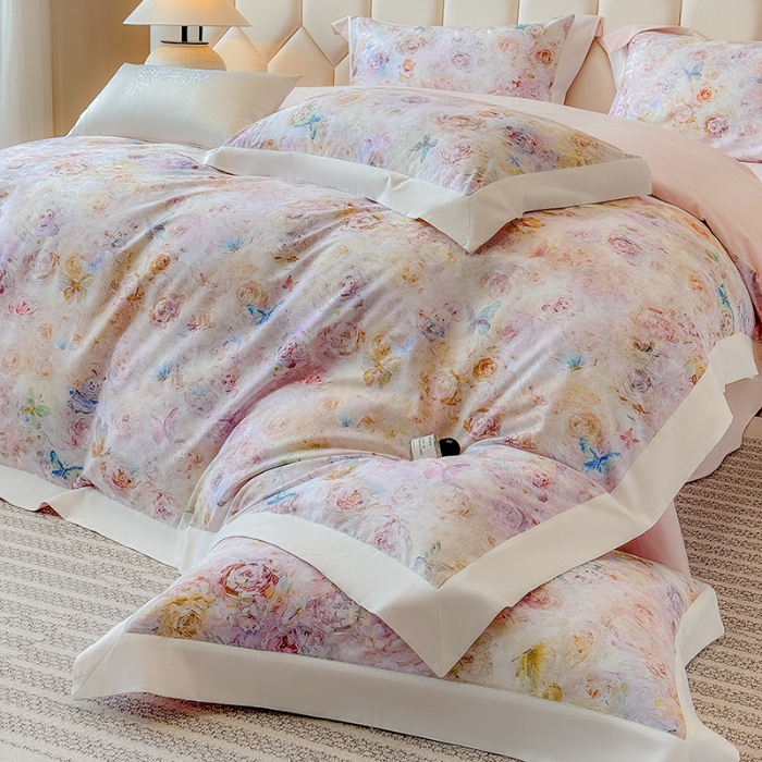 91家纺网 家纺一手货源 找家纺 高档礼盒装50*50S贡缎长绒棉数码印花四件套100%纯棉磨毛加厚全棉床单床笠款量大价优 维密粉-莫奈花园-A类100%加厚纯棉磨